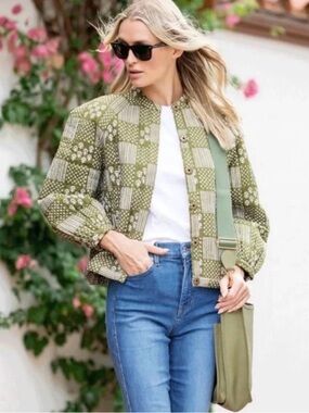 Quilted Olive Green Patterned Jacket